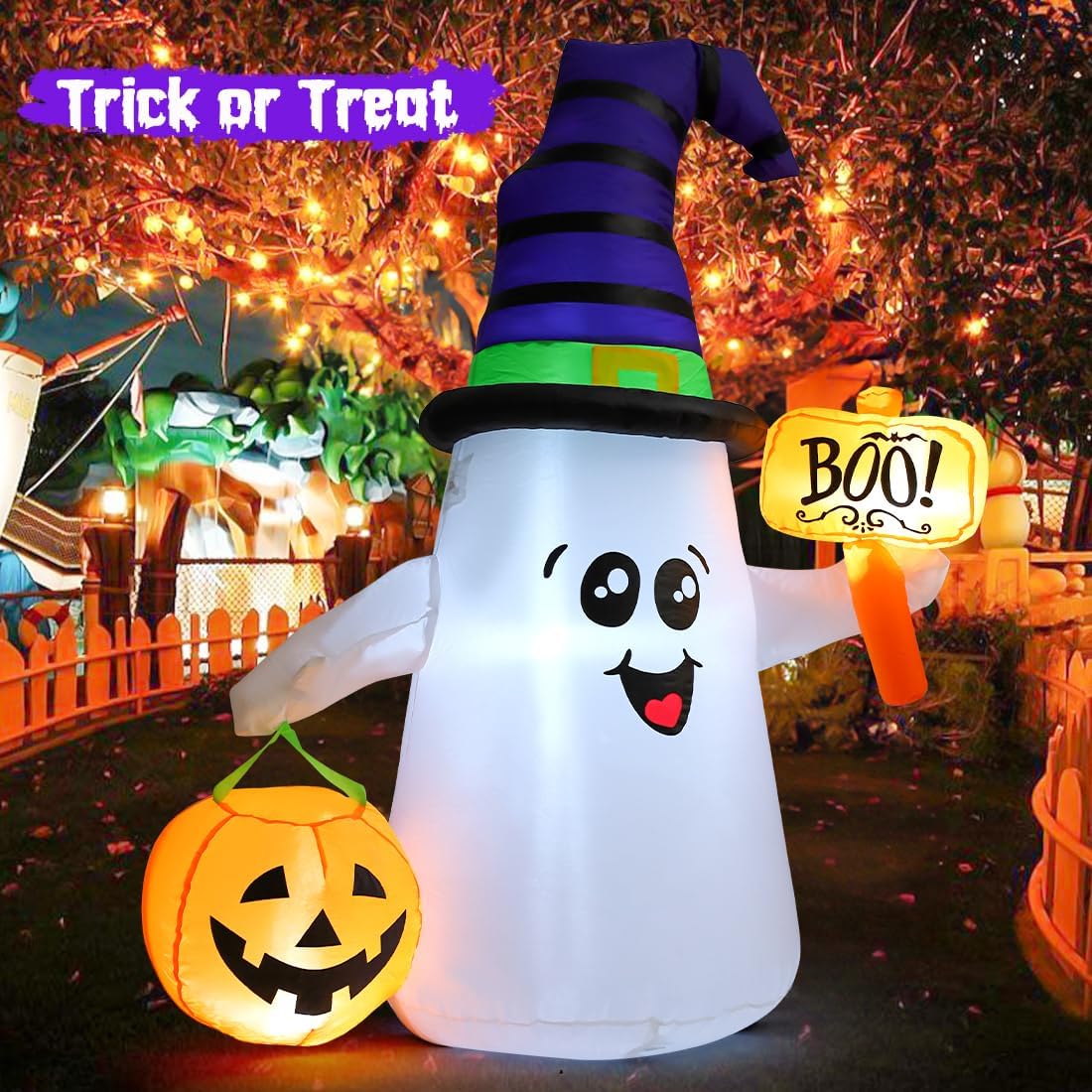 5FT Halloween Inflatable Wizard Ghost with Pumpkin – LED‑Lit Outdoor & Indoor Decoration