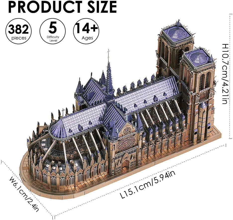 3D Metal Puzzles for Adults and Teens, Notre Dame De Paris Church Metal Model Kit, Challenge French Cathedral Brain Teaser Architecture Building Blocks Puzzle, 382 Pcs