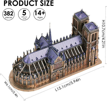 3D Metal Puzzles for Adults and Teens, Notre Dame De Paris Church Metal Model Kit, Challenge French Cathedral Brain Teaser Architecture Building Blocks Puzzle, 382 Pcs