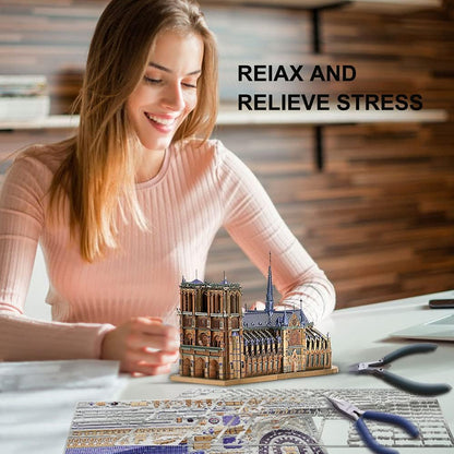 3D Metal Puzzles for Adults and Teens, Notre Dame De Paris Church Metal Model Kit, Challenge French Cathedral Brain Teaser Architecture Building Blocks Puzzle, 382 Pcs