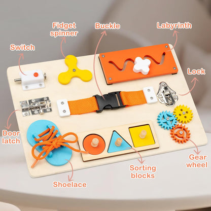 Montessori Busy Board for Toddlers – 9‑in‑1 Wooden Sensory Activity Toy, Fine Motor Skills Educational Travel Gift for Ages 3–5