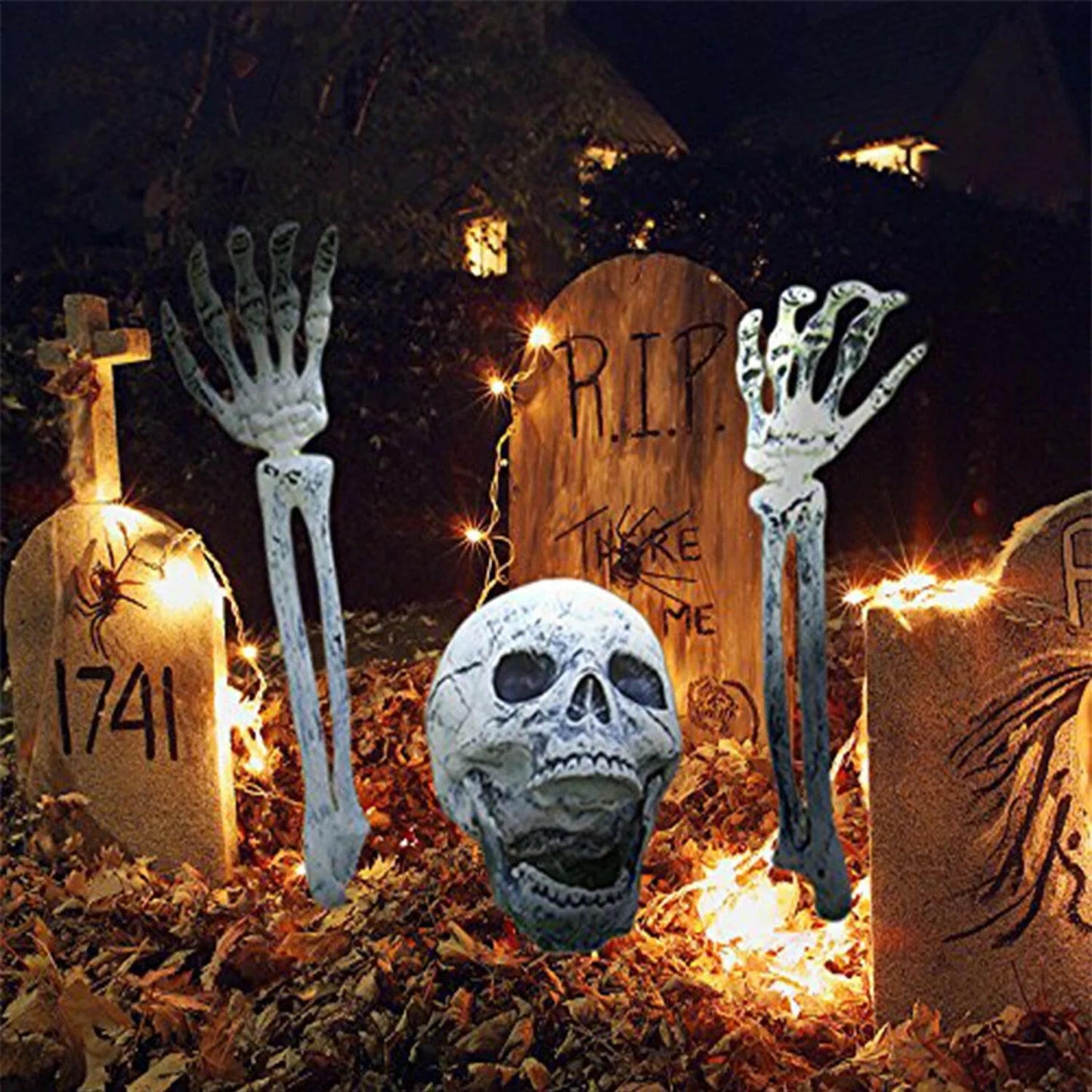 💀 Scare Halloween Graveyard Skeleton Set – Outdoor Prop with Skull, Arms & Crow Setup