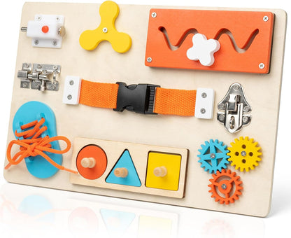 Montessori Busy Board for Toddlers – 9‑in‑1 Wooden Sensory Activity Toy, Fine Motor Skills Educational Travel Gift for Ages 3–5