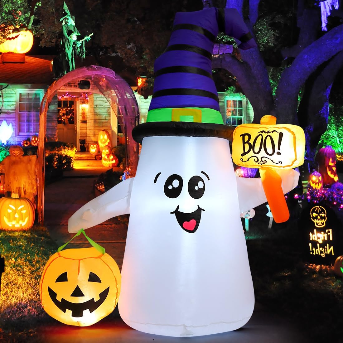 5FT Halloween Inflatable Wizard Ghost with Pumpkin – LED‑Lit Outdoor & Indoor Decoration