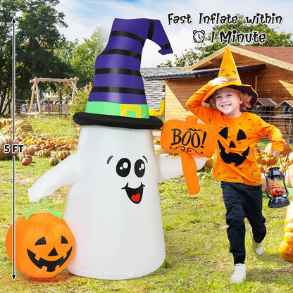 5FT Halloween Inflatable Wizard Ghost with Pumpkin – LED‑Lit Outdoor & Indoor Decoration