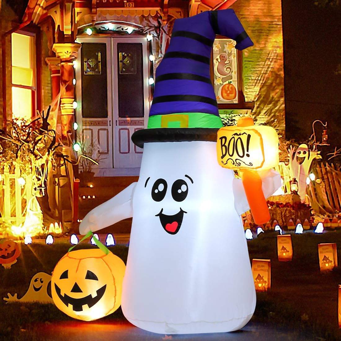 5FT Halloween Inflatable Wizard Ghost with Pumpkin – LED‑Lit Outdoor & Indoor Decoration
