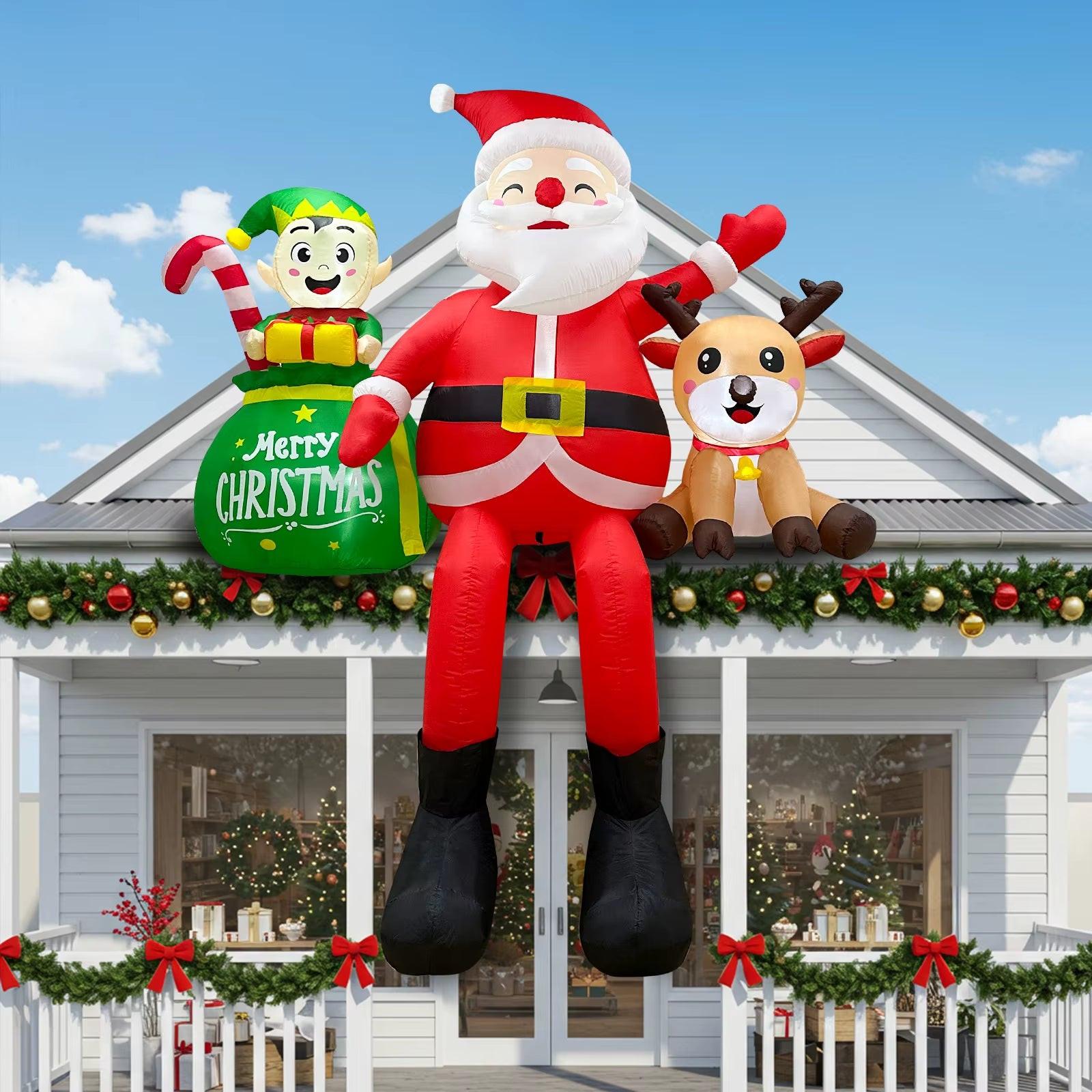 8FT Sitting Santa Inflatable – LED Christmas Display with Elves & Reindeer.