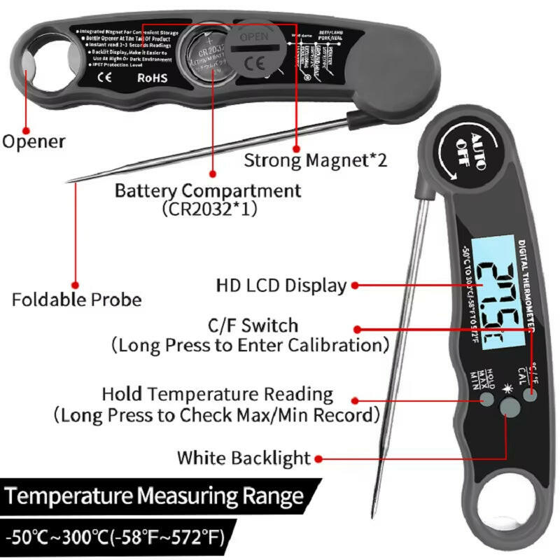 Instant Read Waterproof Digital Meat Thermometer for Perfect BBQ Cooking.