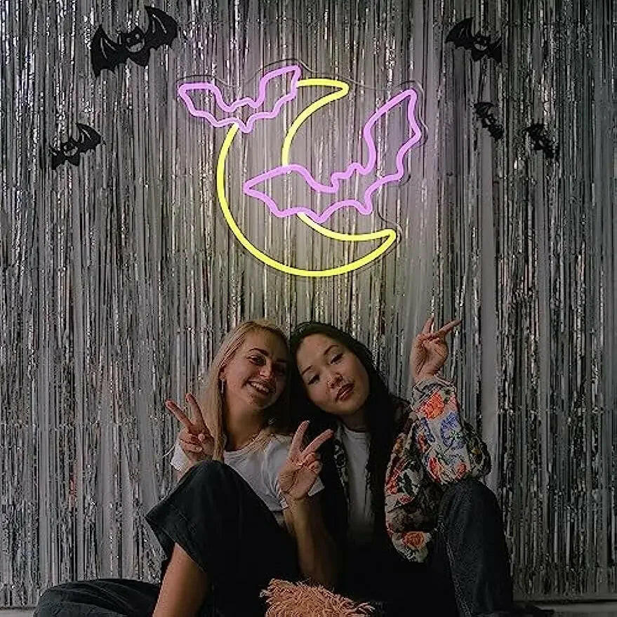 2025 Moon & Bat Neon Sign – USB-Powered LED Wall Light with Dimmable Brightness for Halloween Party & Gothic Decor