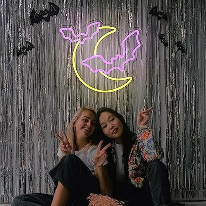 2025 Moon & Bat Neon Sign – USB-Powered LED Wall Light with Dimmable Brightness for Halloween Party & Gothic Decor