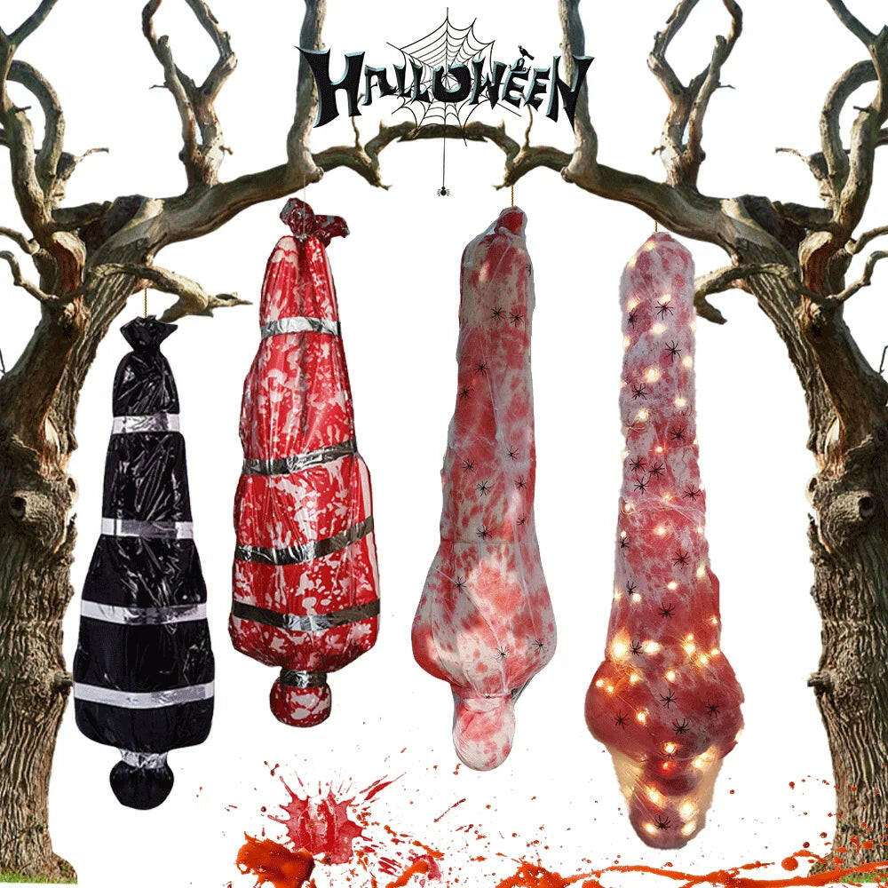 59Inch Halloween Corpse Props Set Outdoor Yard Creepy Shroud Decoration Horror Bloody Body Bag Haunted House Hanging Decorations