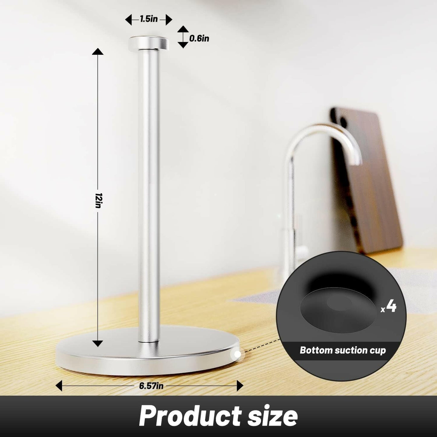 Kitchen Roll Holder Free Standing, Stainless Steel Paper Towel Holder with Suction Cups, Waterproof and Rustproof Kitchen Towel Holder, Suit for Cook House, Bathroom,Outdoor(Silver).