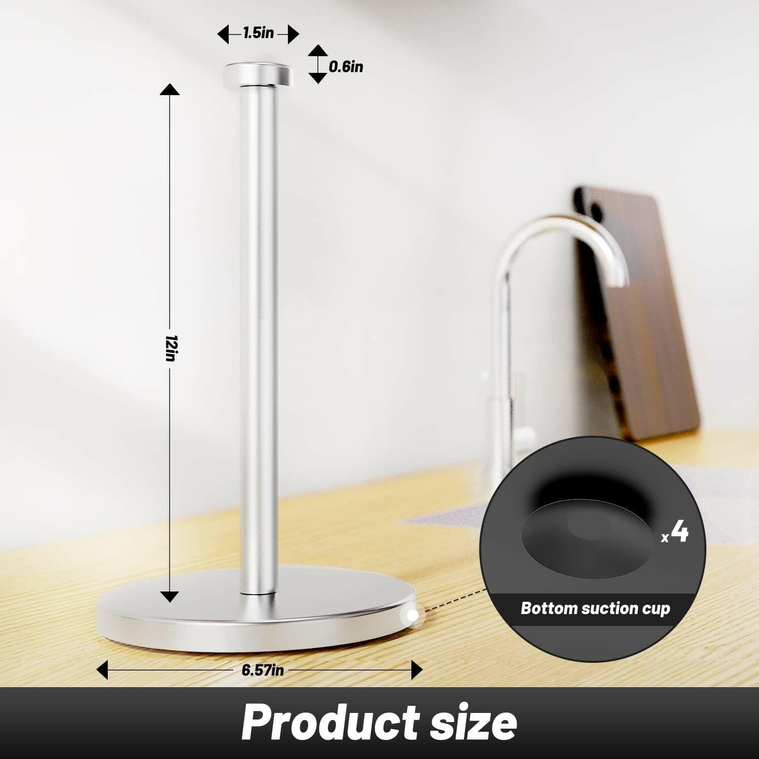 Kitchen Roll Holder Free Standing, Stainless Steel Paper Towel Holder with Suction Cups, Waterproof and Rustproof Kitchen Towel Holder, Suit for Cook House, Bathroom,Outdoor(Silver).