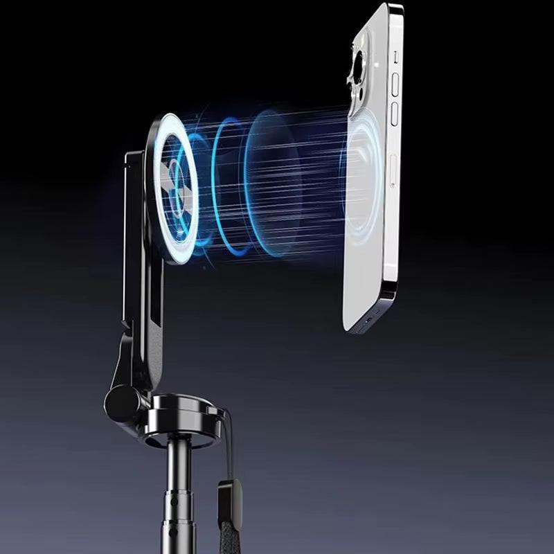 Snap, Stream, Go – 4-in-1 Magnetic Selfie Stick with Bluetooth & 360° Rotation.