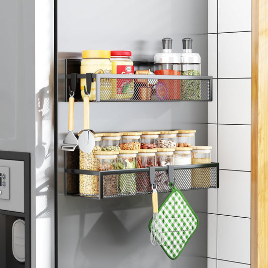 Magnetic Spice Rack for Refrigerator – 2-Pack Heavy-Duty Fridge Organizer Shelves with Removable Hooks for Kitchen and Laundry Storage