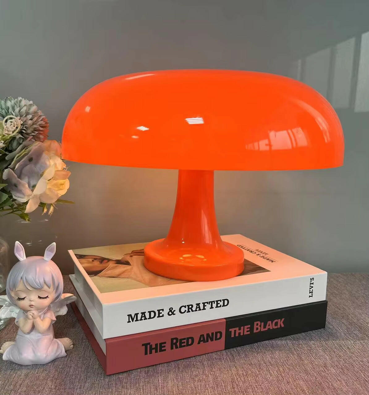 Mushroom Table Lamp - Modern Danish Design for Your Bedroom or Living Space - Eye-Catching Orange Accent Lighting.