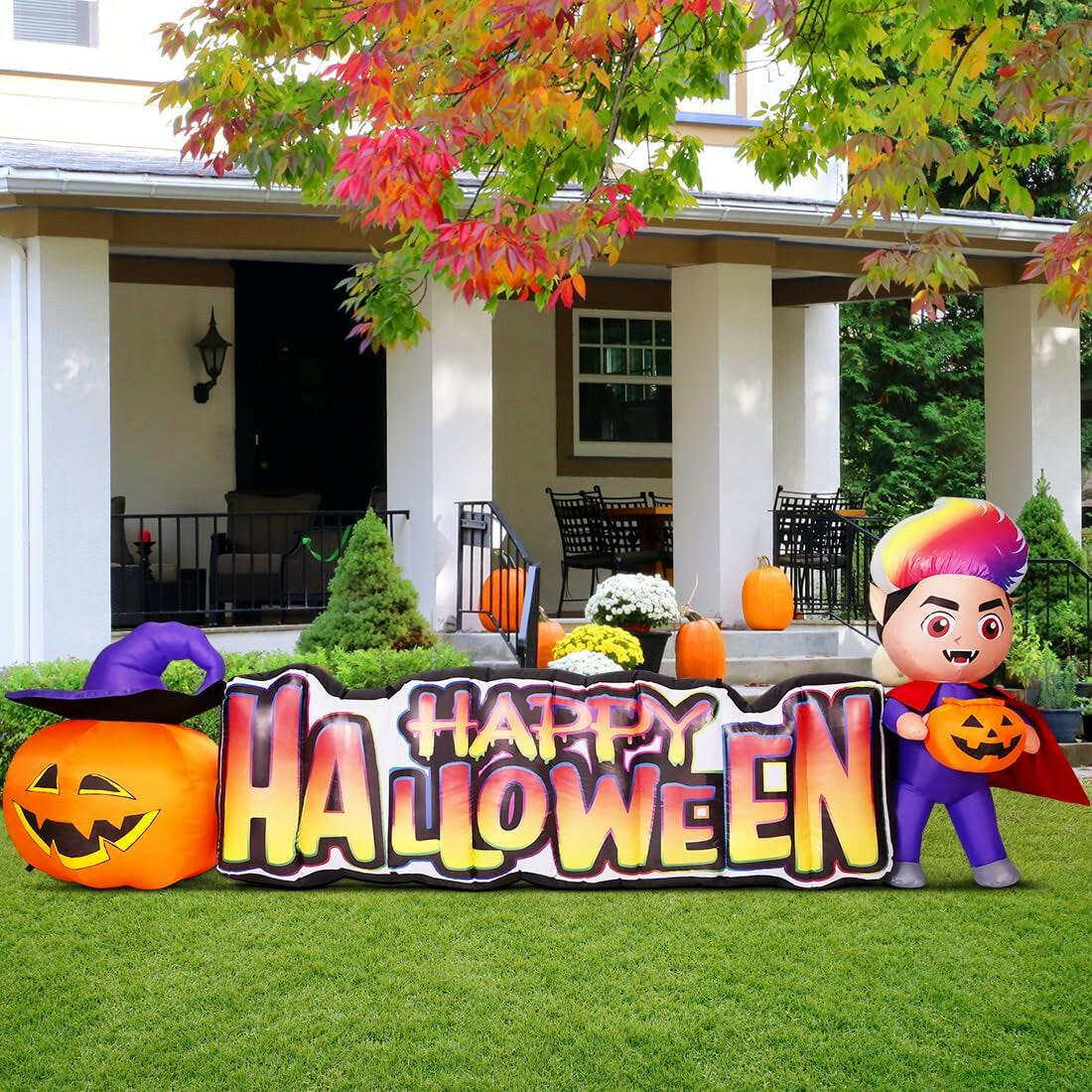 11.5 FT Happy Halloween Inflatables Outdoor Decorations Vampire with Pumpkin Halloween Blow up Yard Decorations Long with LED Lights Holiday for Halloween Party Yard Garden Lawn