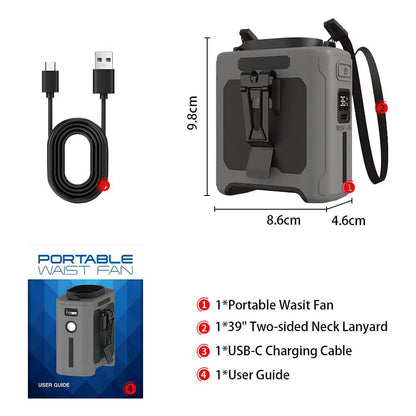 10000mAh Waist Fan – Rechargeable Portable Cooling with Built‑In Power Bank.