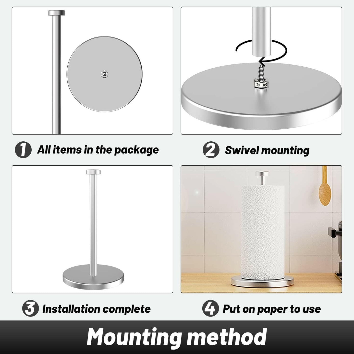 Kitchen Roll Holder Free Standing, Stainless Steel Paper Towel Holder with Suction Cups, Waterproof and Rustproof Kitchen Towel Holder, Suit for Cook House, Bathroom,Outdoor(Silver).