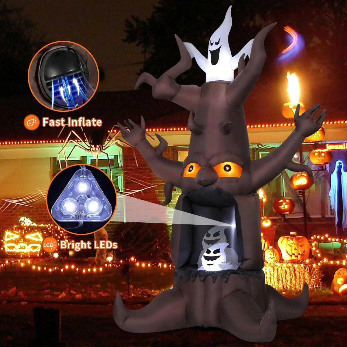 9FT Inflatable Halloween Animated Dead Tree with Ghosts – LED Blow-Up Decoration for Garden, Lawn, and Party Displays