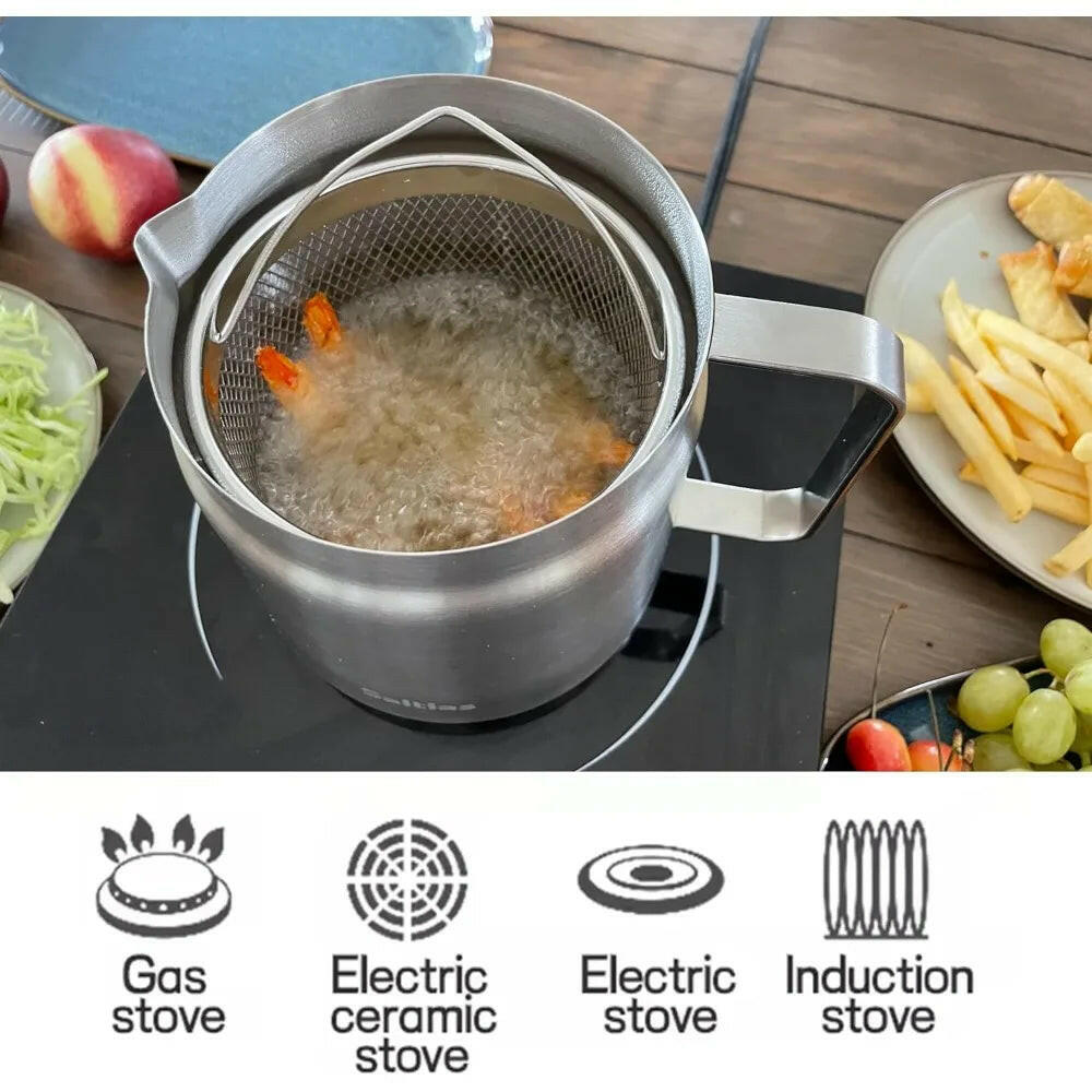 Stainless Steel 2L Deep Fryer Pot with Basket and Oil Strainer, 304 Stainless Steel Deep Frying Pot for French Fries, Chicken.