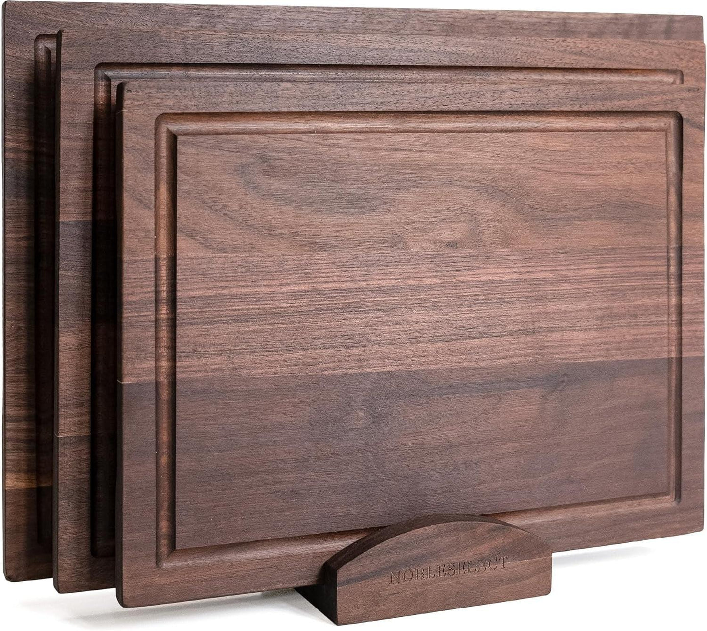 Acacia Wood Cutting Board Set – 3-Piece with Holder, Non-Slip Pads & Juice Grooves.