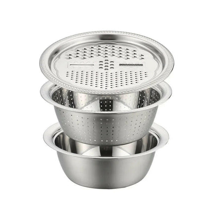 3-in-1 Stainless Steel Salad Maker Bowl – Strainer, Grater & Slicer in One.