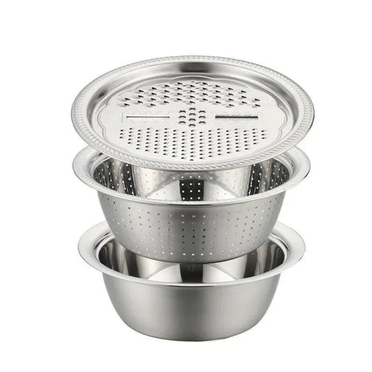 3-in-1 Stainless Steel Salad Maker Bowl – Strainer, Grater & Slicer in One.