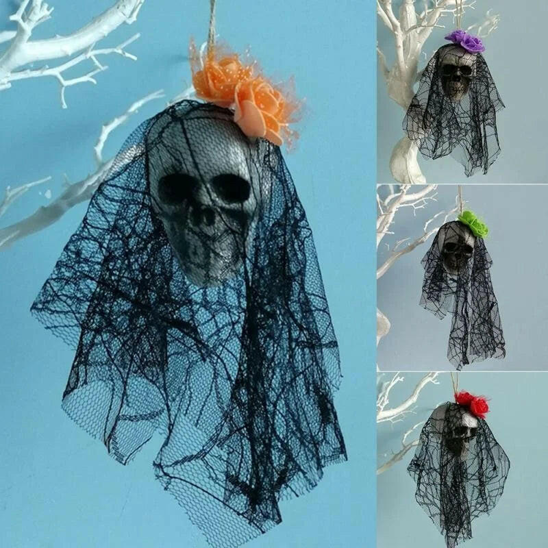 Foam Skull Hanging Ornament – 36cm Halloween Decoration with Cloth or Flower Wrap (8 Variants)