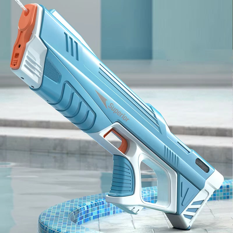 Electric water gun with rechargeable lithium battery & 8–10m range. 43cm long blaster with quick refilling, waterproof design & up to 200 shots per charge