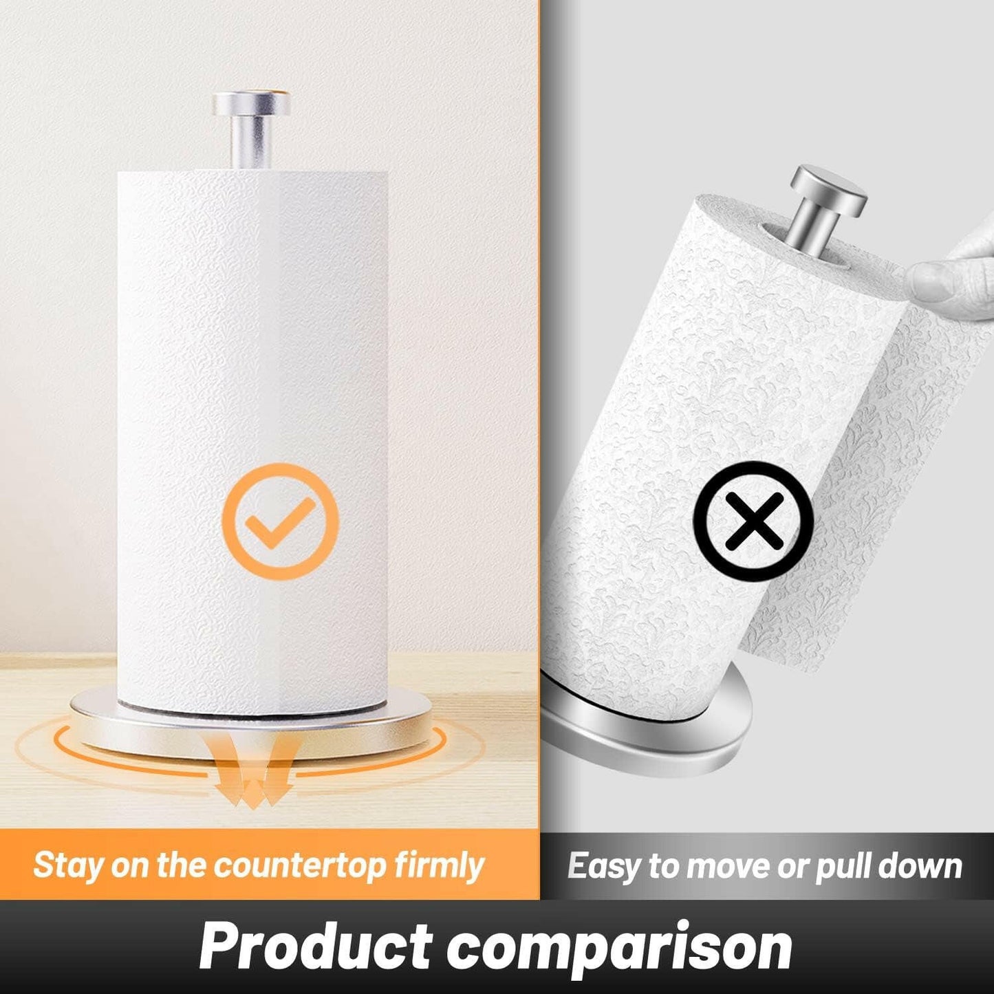 Kitchen Roll Holder Free Standing, Stainless Steel Paper Towel Holder with Suction Cups, Waterproof and Rustproof Kitchen Towel Holder, Suit for Cook House, Bathroom,Outdoor(Silver).