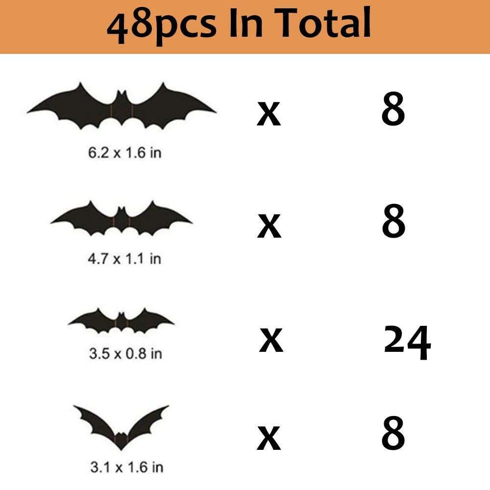 3D Black PVC Bat Wall Stickers – 24/48-Piece Halloween Set for DIY Haunted Decor