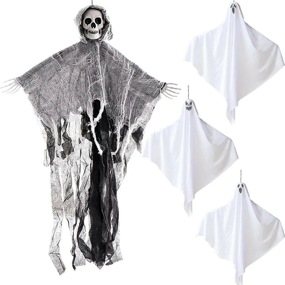 2025 Hanging Skull Ghost – Adjustable Arms & Wind-Tattered Fabric for Haunted House & Outdoor Halloween Decor (60×85cm)