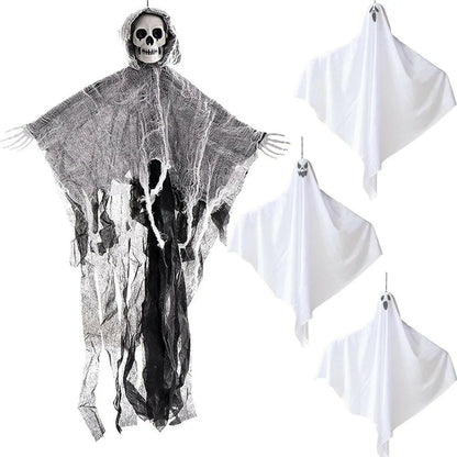 2025 Hanging Skull Ghost – Adjustable Arms & Wind-Tattered Fabric for Haunted House & Outdoor Halloween Decor (60×85cm)