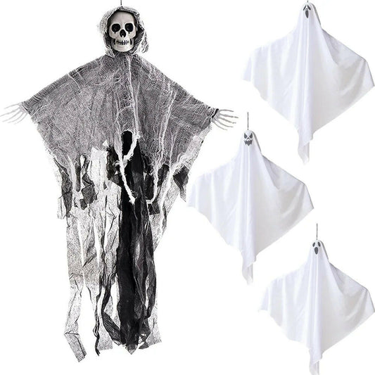 2025 Hanging Skull Ghost – Adjustable Arms & Wind-Tattered Fabric for Haunted House & Outdoor Halloween Decor (60×85cm)