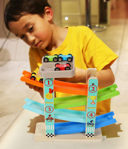 TOWO Wooden Car Ramp Toy | Zig Zag Slide with 4 Cars.