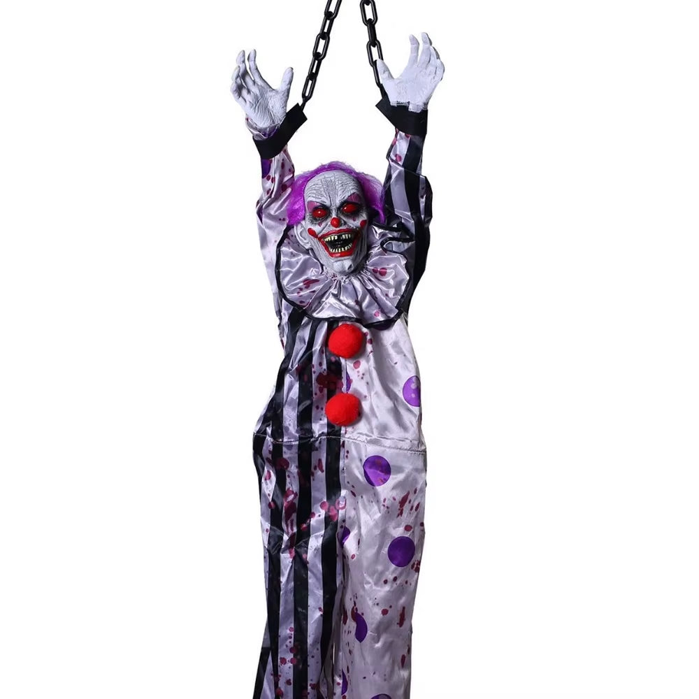 Electric Voice‑Activated Hanging Ghost Clown – Animated Halloween Prop with LED Eyes, Sound & Motion – Scary Haunted House, Porch, Tree & Party Decoration