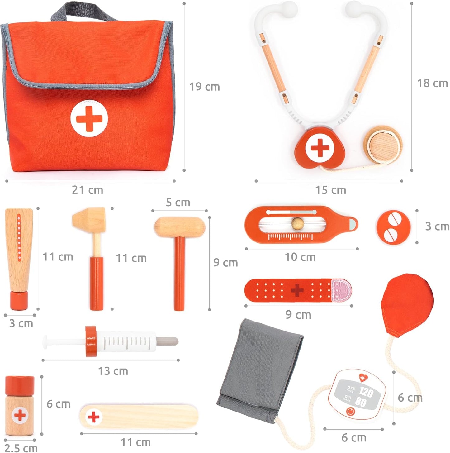 14‑Piece Wooden Doctor Kit for Toddlers – Pretend Play Medical Set with Stethoscope, Syringe, Thermometer, Eco‑Friendly Safe Toy for Ages 3–5