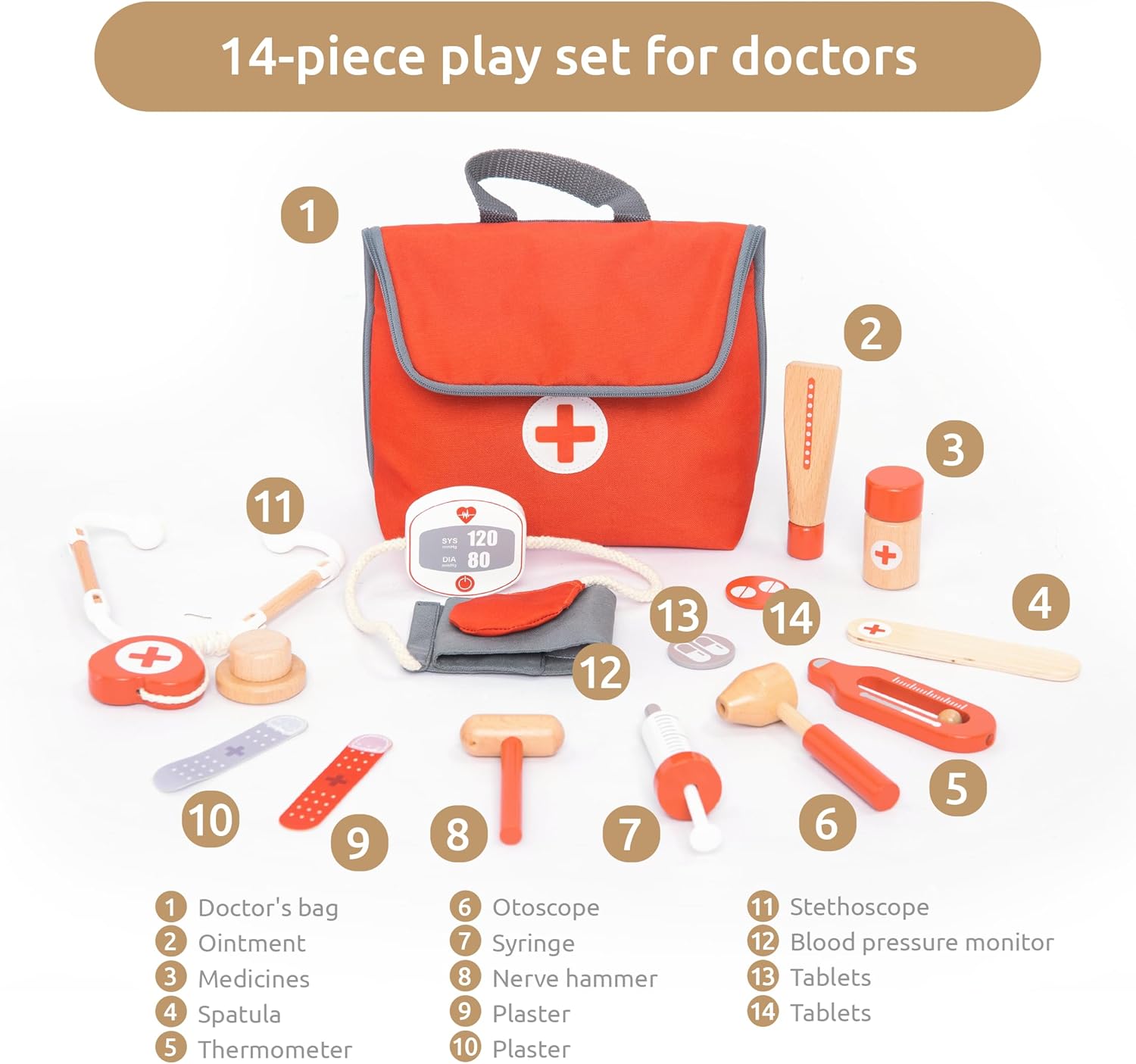 14‑Piece Wooden Doctor Kit for Toddlers – Pretend Play Medical Set with Stethoscope, Syringe, Thermometer, Eco‑Friendly Safe Toy for Ages 3–5