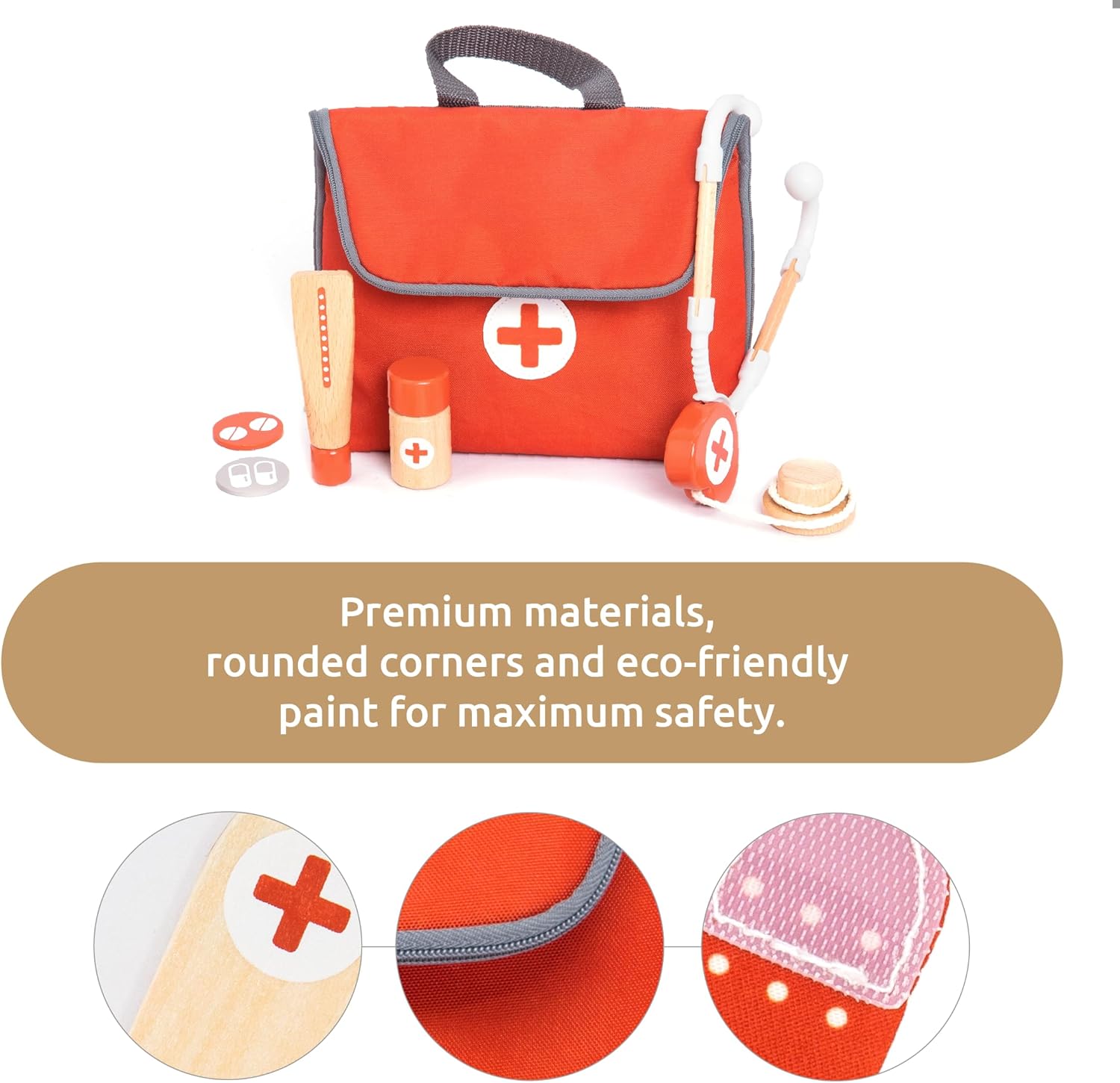 14‑Piece Wooden Doctor Kit for Toddlers – Pretend Play Medical Set with Stethoscope, Syringe, Thermometer, Eco‑Friendly Safe Toy for Ages 3–5