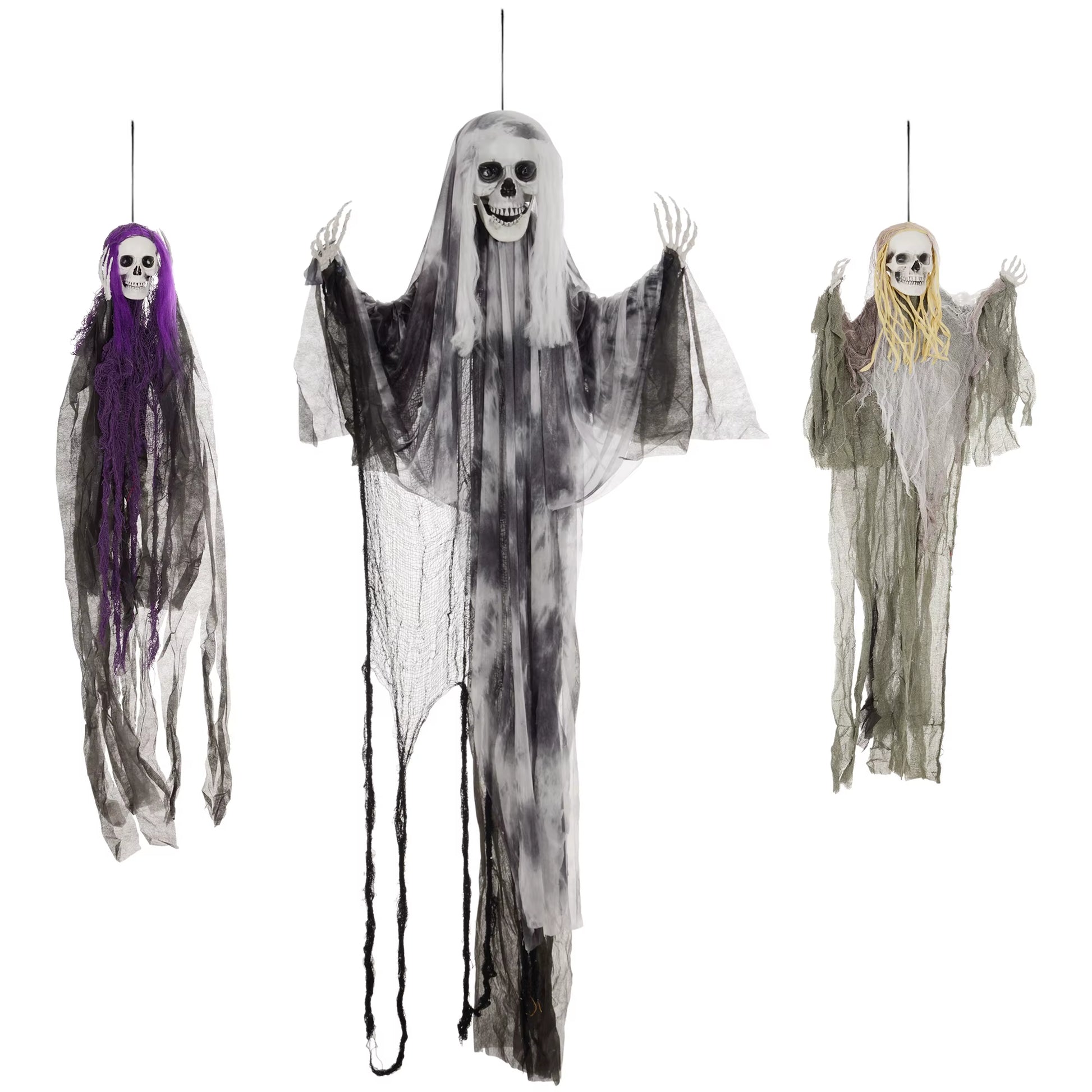 Ghastly Set of 3 Hanging Skeleton, Flying Ghost Halloween Decorations