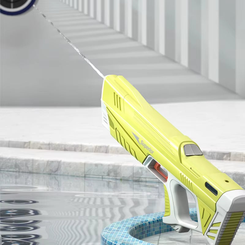 Electric water gun with rechargeable lithium battery & 8–10m range. 43cm long blaster with quick refilling, waterproof design & up to 200 shots per charge