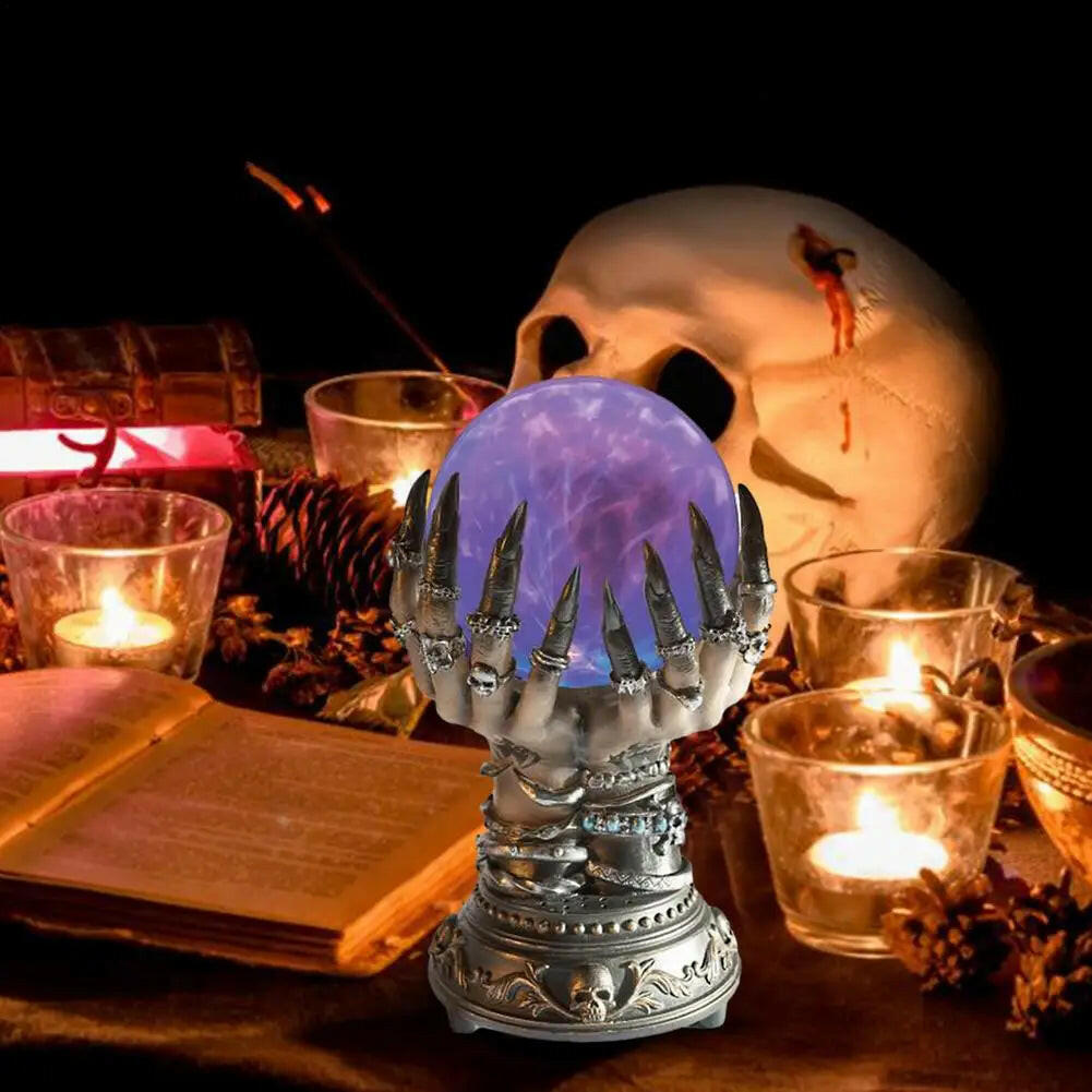 Celestial Crystal Ball with Witch Hands – Plasma Glow Halloween Prop with Thunder Effects & Color-Changing Light
