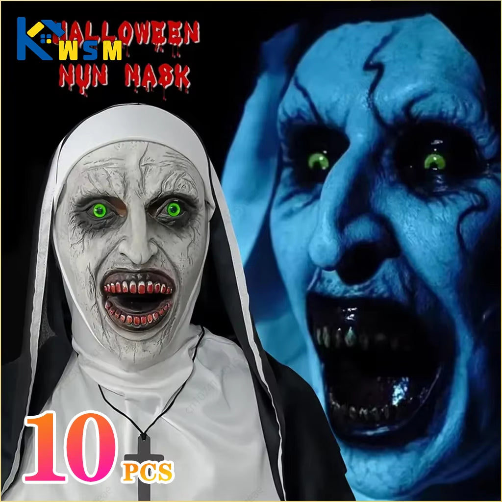 Screaming Nun Horror Masks – White Scare Face Costume Props for Halloween Parties and Cosplay