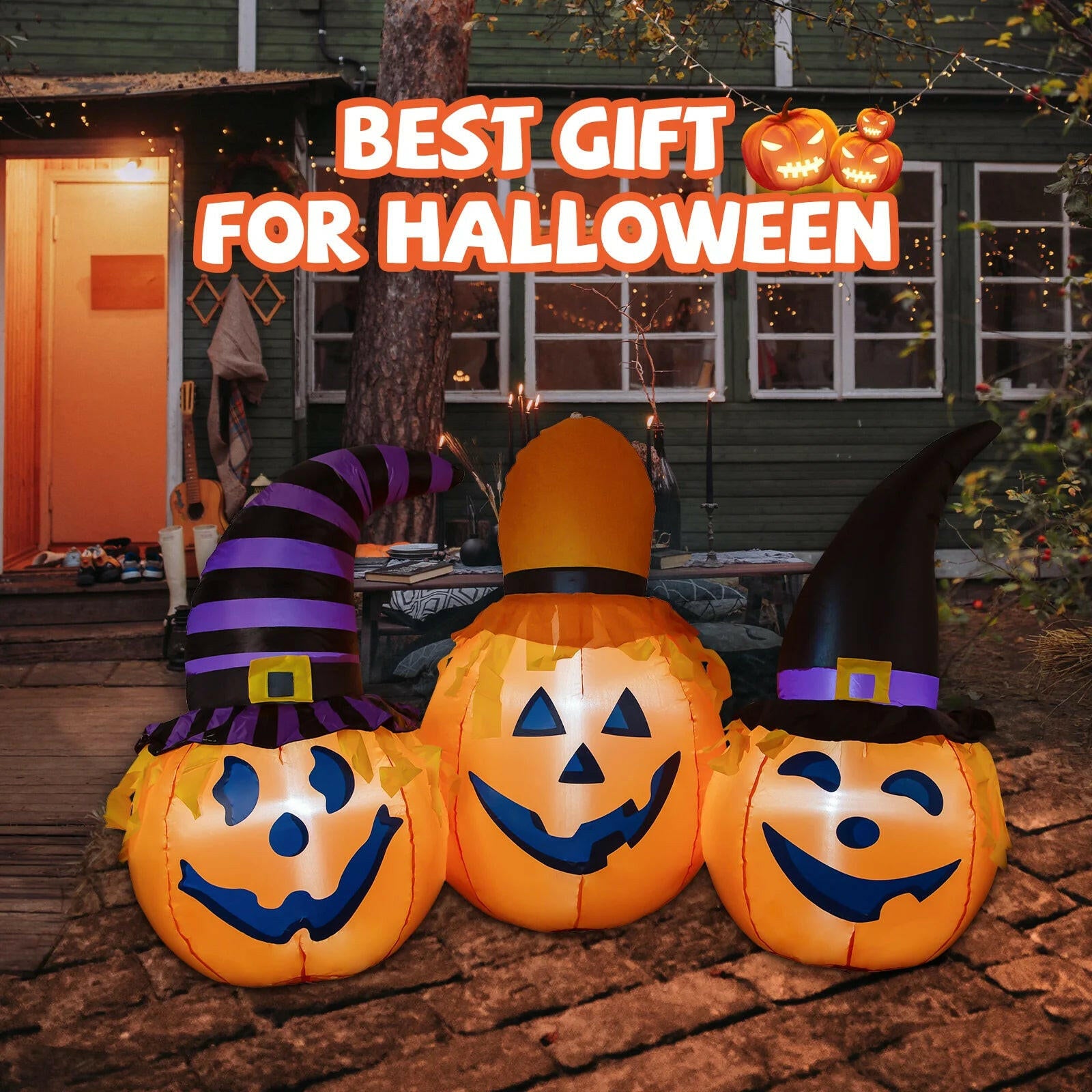 6.5FT Inflatable Halloween Pumpkin Trio with Wizard Hats – LED Blow-Up Decoration for Garden, Lawn, and Party Displays