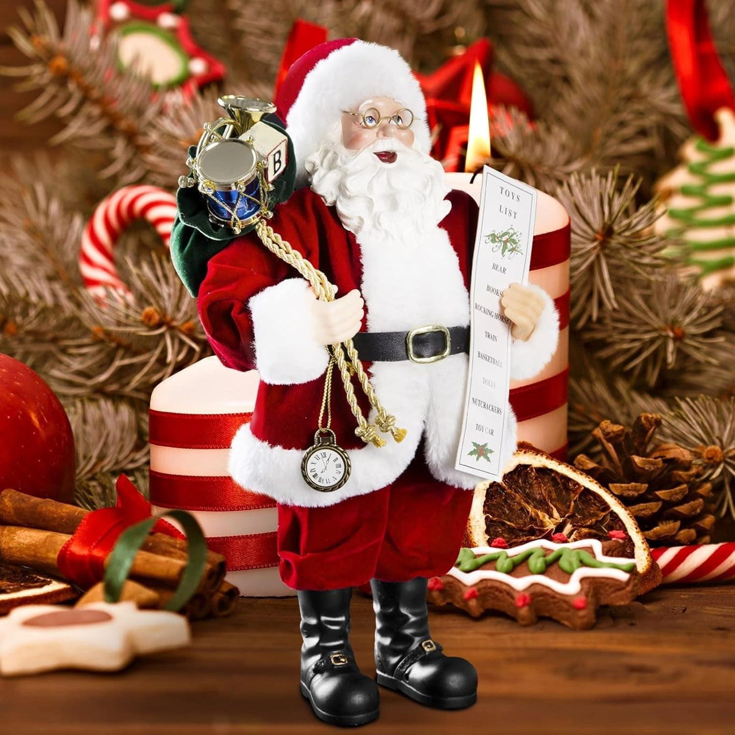 11‑Inch Santa Claus Figurine – Velvet Coat, Glasses & Gift Bag.