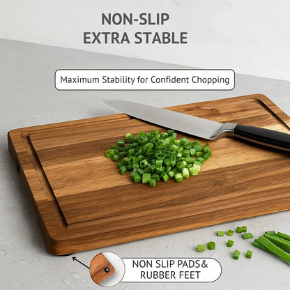 Acacia Wood Cutting Board Set – 3-Piece with Holder, Non-Slip Pads & Juice Grooves.