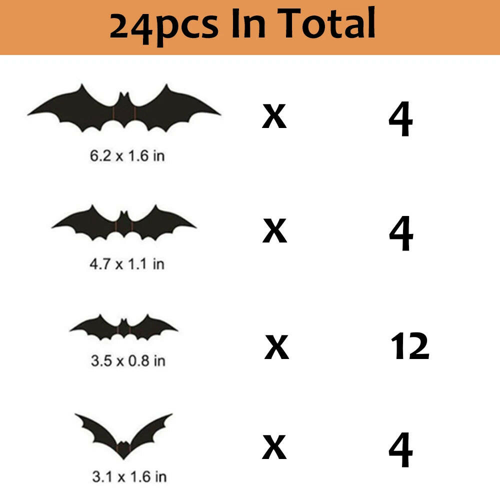 3D Black PVC Bat Wall Stickers – 24/48-Piece Halloween Set for DIY Haunted Decor