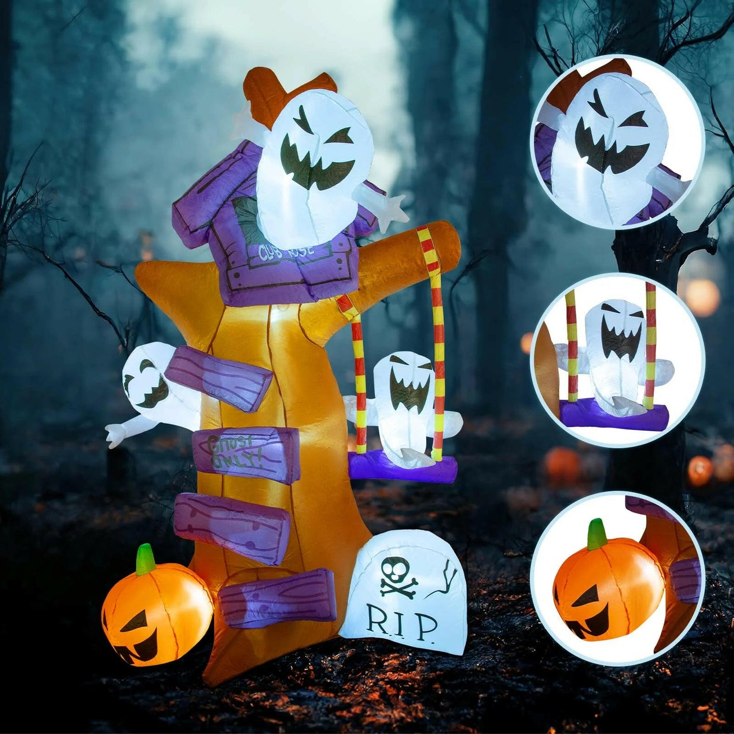 8FT Inflatable Halloween Ghost Tree with Pumpkin & Tombstone – LED Blow-Up Decoration for Garden, Lawn, and Party Displays