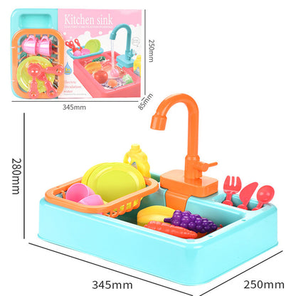 Children’s simulated kitchen sink toy with electric water pump, safe ABS material, and accessories.